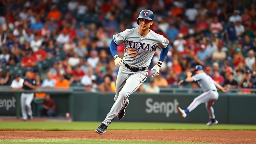 Texas Rangers player dashes to the base, showcasing Jake Burger's performance in a packed stadium.