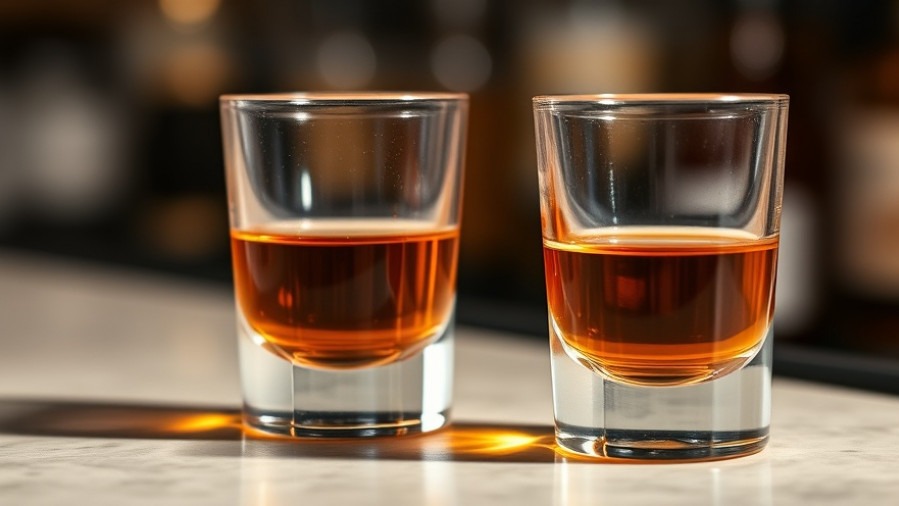 Two shot glasses of bourbon on counter, relaxing drink for mental wellness for seniors.