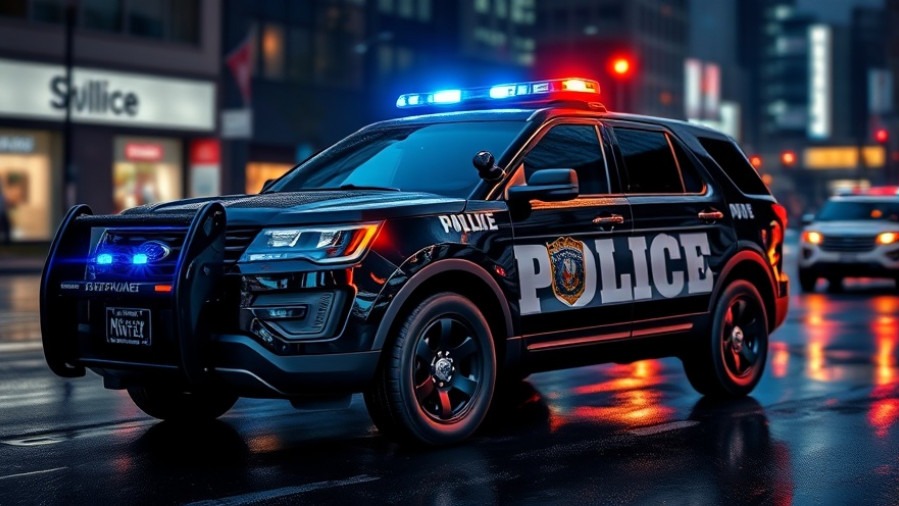 Police SUV on rain-soaked street highlighting public safety in San Antonio at night.