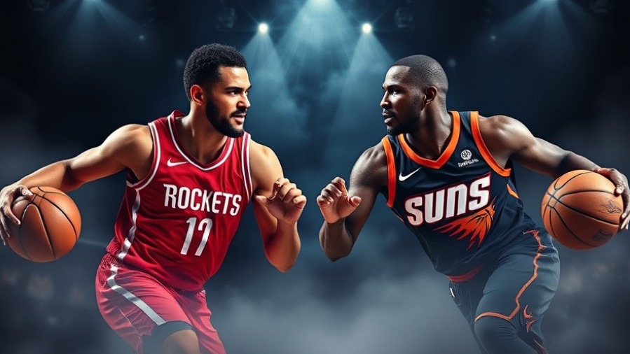 Intense NBA rivalry: Kevin Durant milestone match, Rockets vs Suns, vibrant contrast.