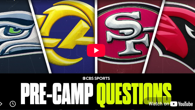 NFC West training camp questions, team logos and bold text.
