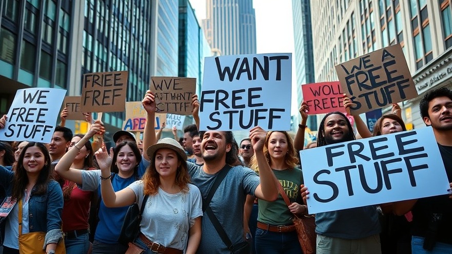 Diverse protesters at urban rally holding 'WE WANT FREE STUFF' signs for U.S. headlines.