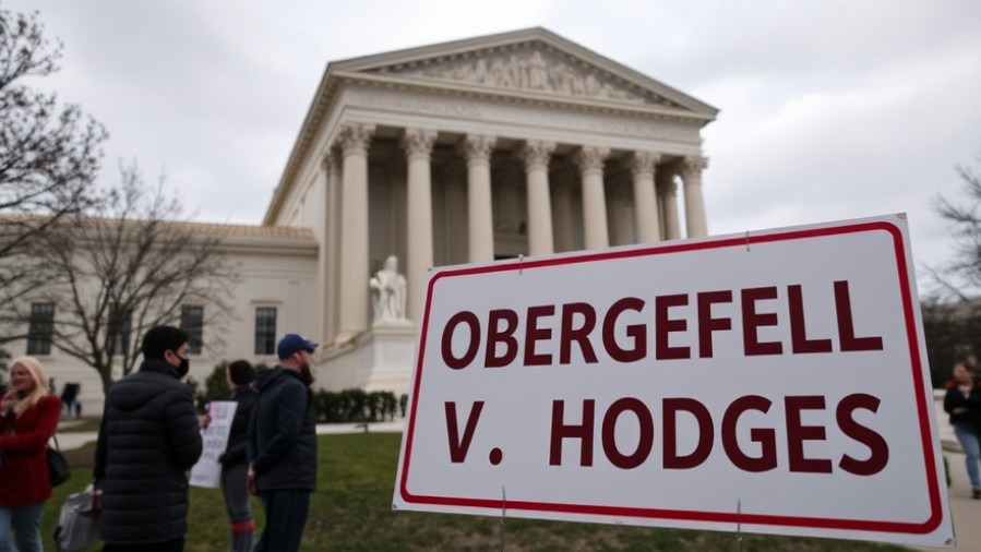 Sign for Obergefell v. Hodges at the Supreme Court, highlighting LGBTQ rights.
