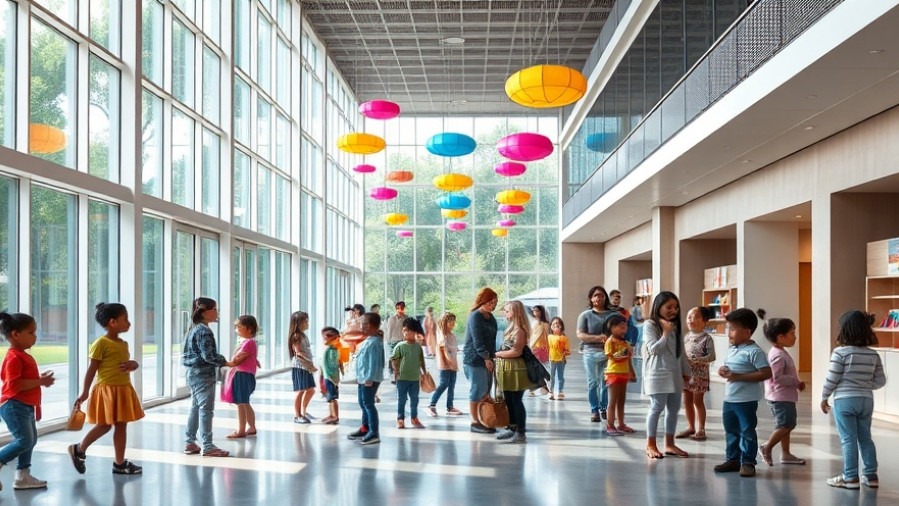 Spacious modern foyer with diverse kindergarteners socializing at Pre-K 4 SA, San Antonio.