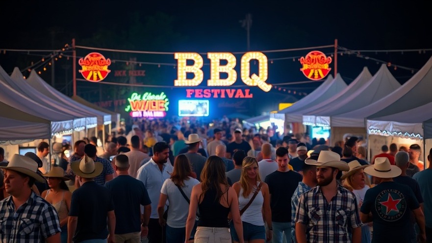 Lively crowd at the Houston BBQ contest, enjoying food and festivities at night.