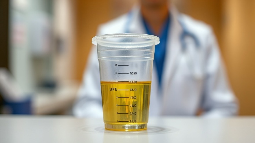 Specimen cup with urine in a doctor's office, linked to nutrition and urine connection.