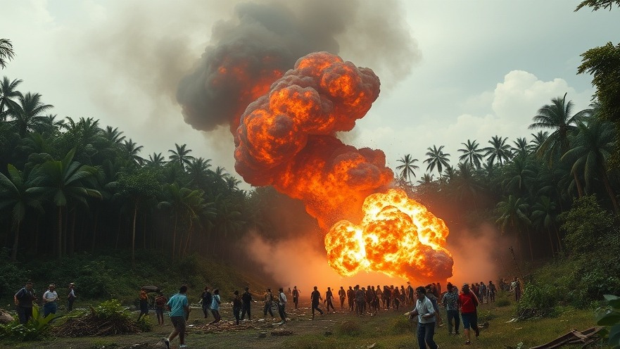 Breaking news: exploding drug lab in jungle with massive explosions and people running.