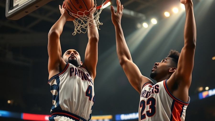 Intense NBA game recaps: players leaping for dunk and block under dramatic arena lights.