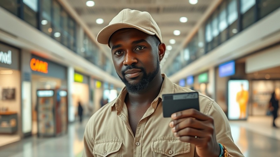 Focused black man holding a credit card in a modern Austin shopping center, highlighting credit card abuse.