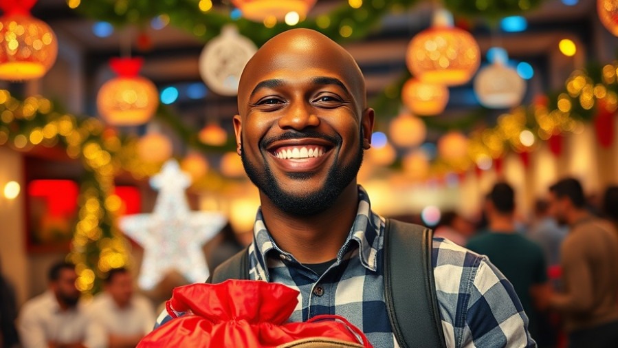 Cheerful bald man embodying San Antonio community holiday cheer with a red sack.