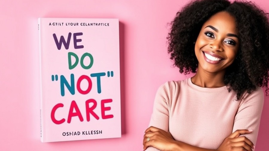 Confident woman beside 'We Do Not Care' book, showcasing women’s wellness tips.