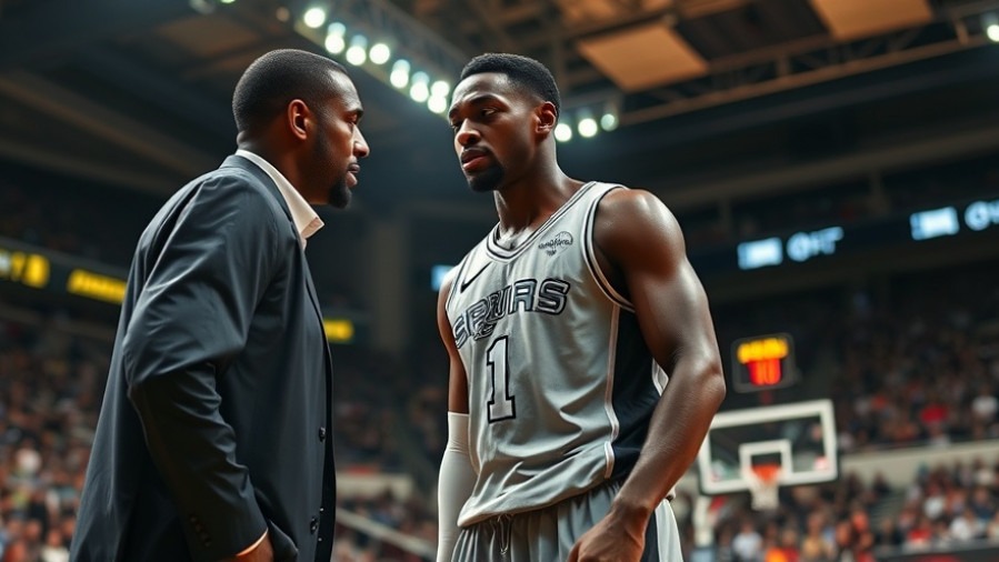 Tall black basketball player in #1 Spurs uniform engages with a coach in dynamic NBA return scene.
