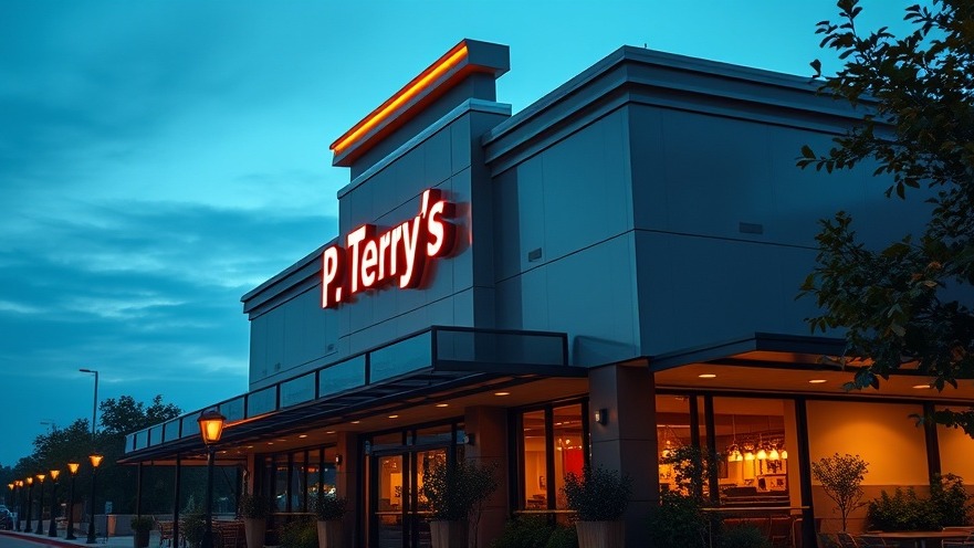 Sleek P. Terry's burger stand at dusk, highlighting local nostalgia and community connections.