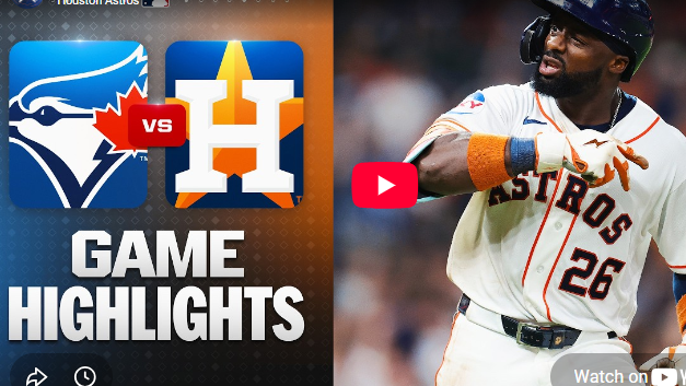Blue Jays vs. Astros highlights featuring excited players and team logos.