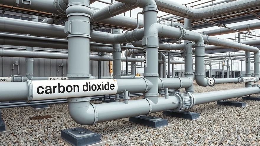 Photorealistic industrial carbon storage Texas infrastructure with CO2 pipes.