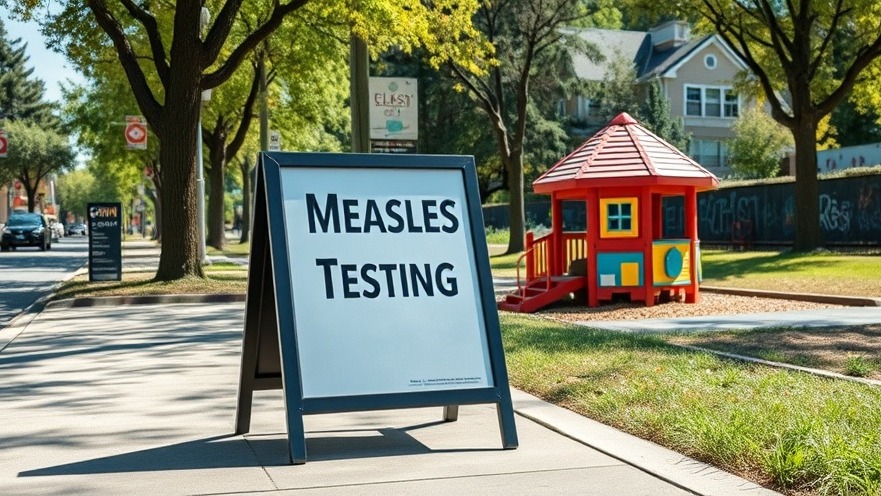 A-frame sign on sidewalk about measles testing in Michigan's vibrant urban setting.