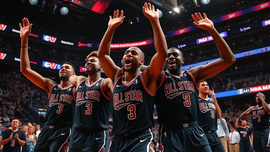 Dynamic San Antonio Spurs news image of basketball players celebrating in All-Star jerseys.