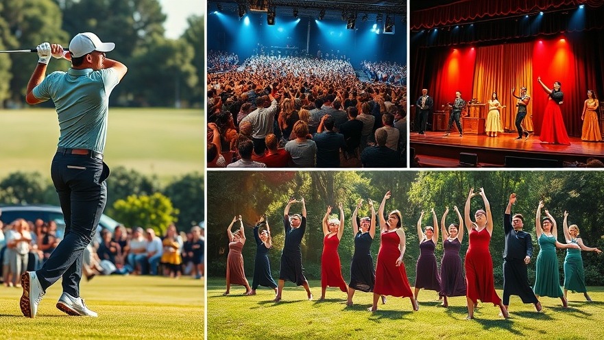Dynamic collage of cultural events in Houston, highlighting golf, concerts, theater, and yoga.