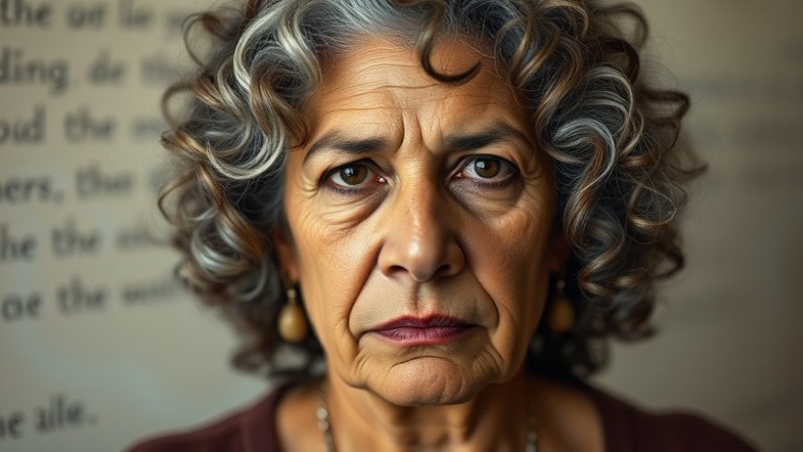 Photorealistic portrait of a stern Hispanic woman, reflecting on Supreme Court decisions.
