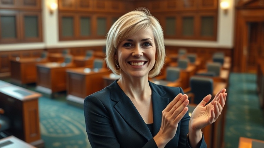 Young woman clapping in Texas legislative setting, highlighting Eckhardt campaign updates.