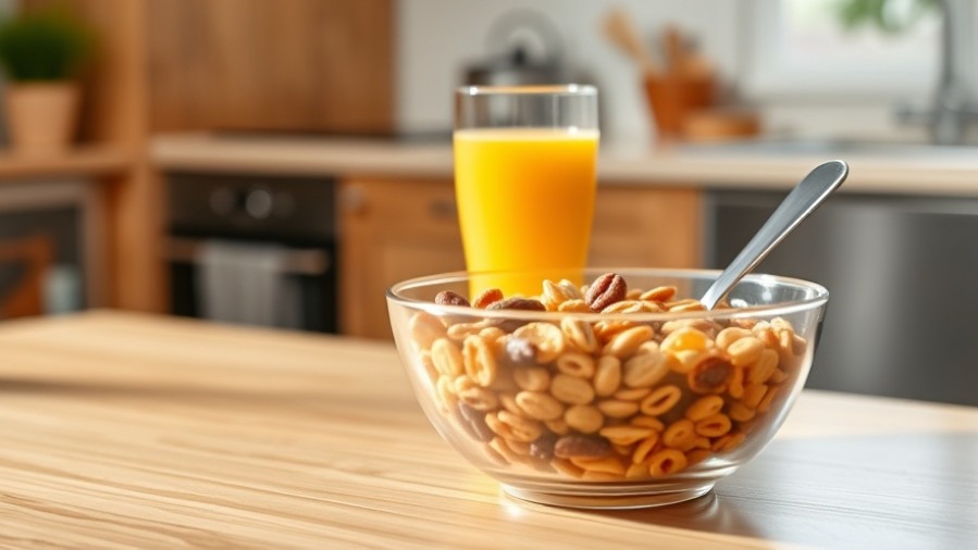 Bowl of cereal and orange juice, highlighting healthy eating over processed foods.
