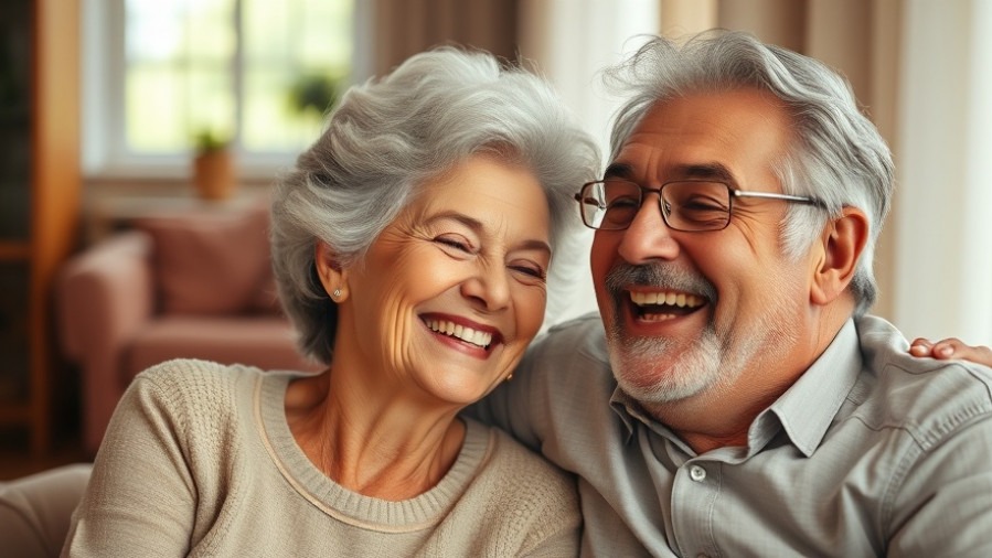 Joyful senior couple in cozy living room, practicing mindfulness exercises for seniors.