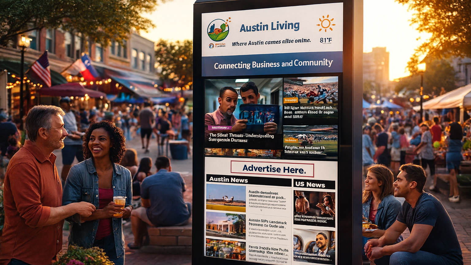 Lively small-town neighborhood scene at a local festival with community connection and digital display.