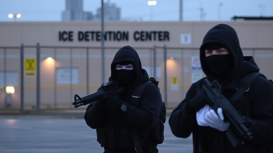 Masked gunmen attacking ICE Detention Center, reflecting Dallas court decision impacts.