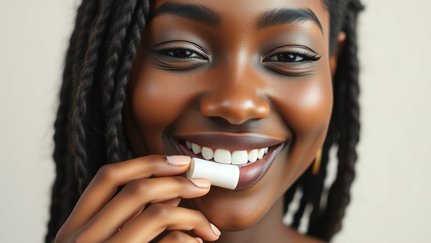 Young black woman smiling with chewing gum, promoting HPV prevention and oral healthcare innovation.