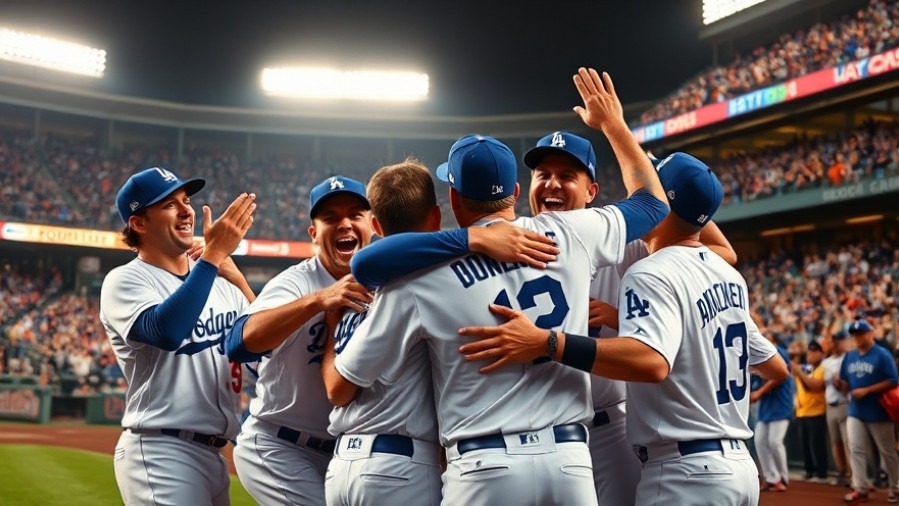 Dodgers updates: jubilant players celebrating victory in vibrant stadium lights.