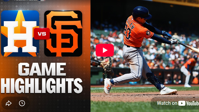 Astros vs Giants game highlights featuring a player batting.
