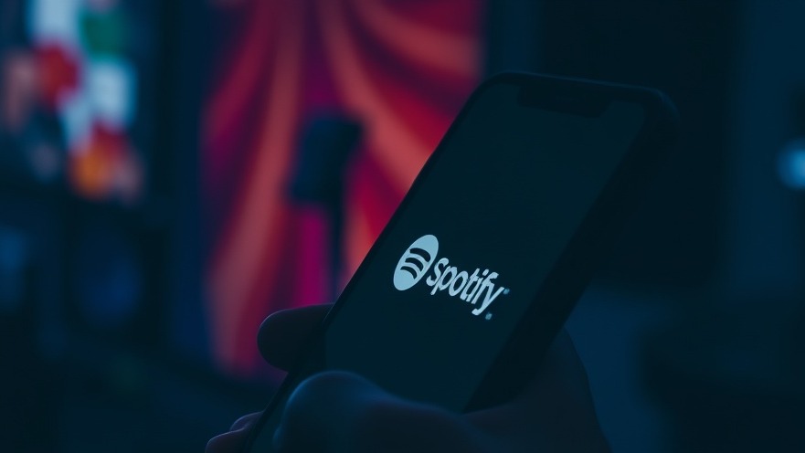 Close-up of smartphone with Spotify logo in dim light, highlighting music copyright infringement.