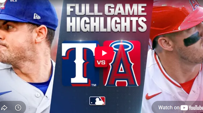 Rangers vs Angels Highlights graphic with baseball players