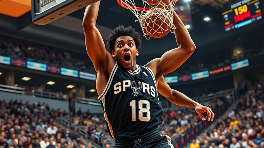 Intense Spurs player soaring for a dunk, showcasing NBA highlights and athleticism.