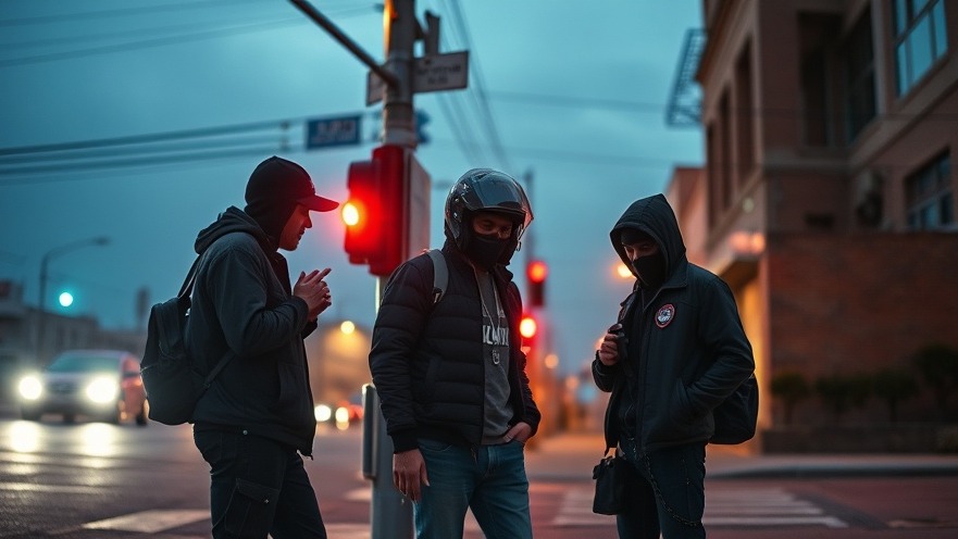Suspicious drug dealers on street corner highlighting Dallas crime news.