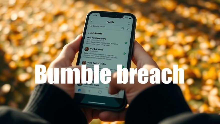 Close-up of hands with smartphone showing Bumble breach search results, emphasizing dating app security.