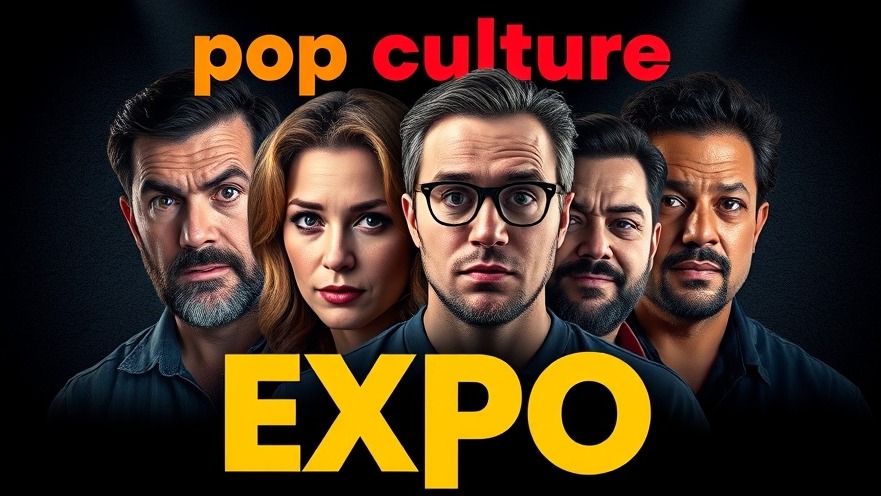 Vibrant 'pop culture expo' poster showcasing four actors with engaging expressions.