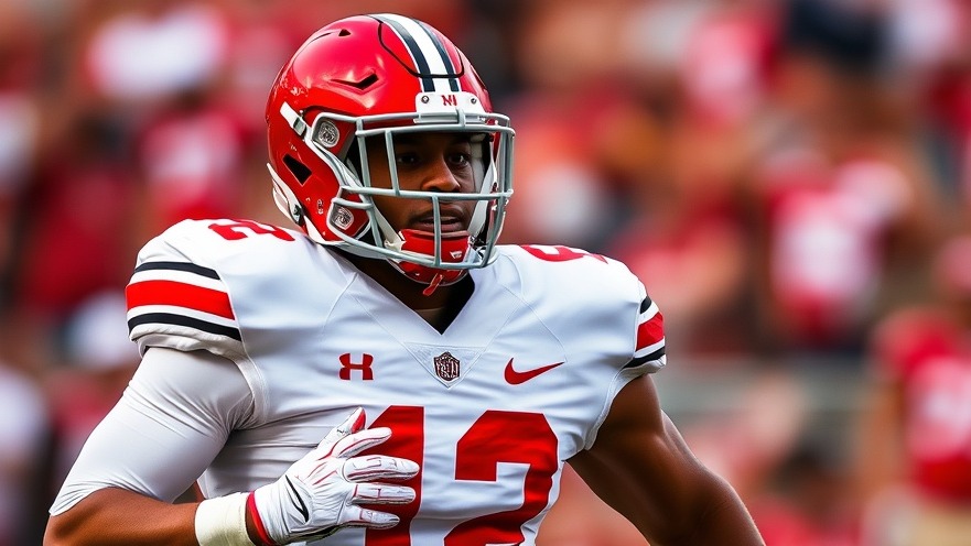 Ohio State Buckeyes football player amid college football rankings featuring Miami Hurricanes and Texas A&M Aggies.