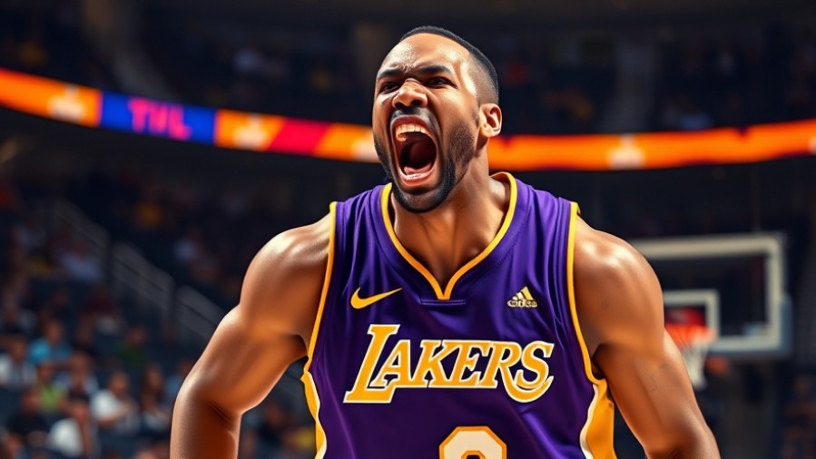 Intense Lakers player shouting in purple jersey, showcasing vibrant basketball highlights.