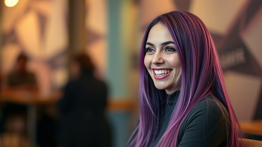 Young woman with bright purple hair discussing live music in San Antonio.