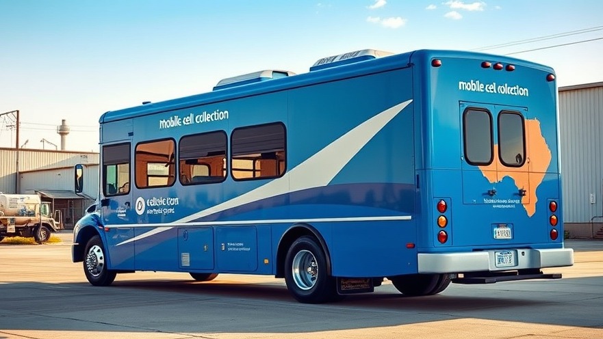 Vibrant blue mobile cell collection bus promoting Texas healthcare innovation in a colorful industrial setting.