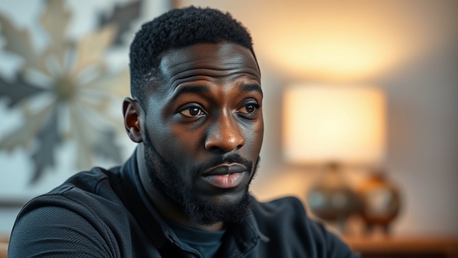 Thoughtful black man in interview discussing Tracy Morgan's career update and the impact of comedy on healing.