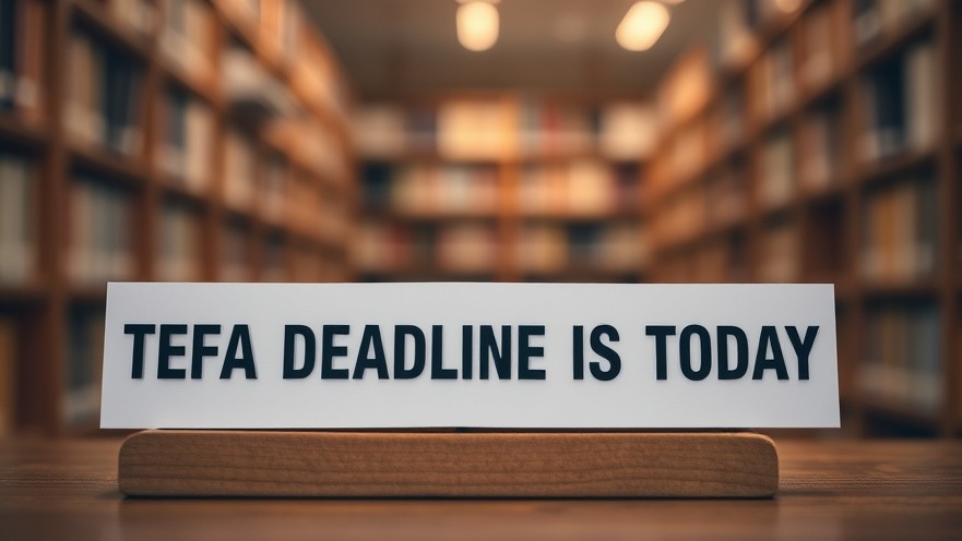 Sign reading 'TEFA DEADLINE IS TODAY' with library books in bokeh, highlighting Texas education news.