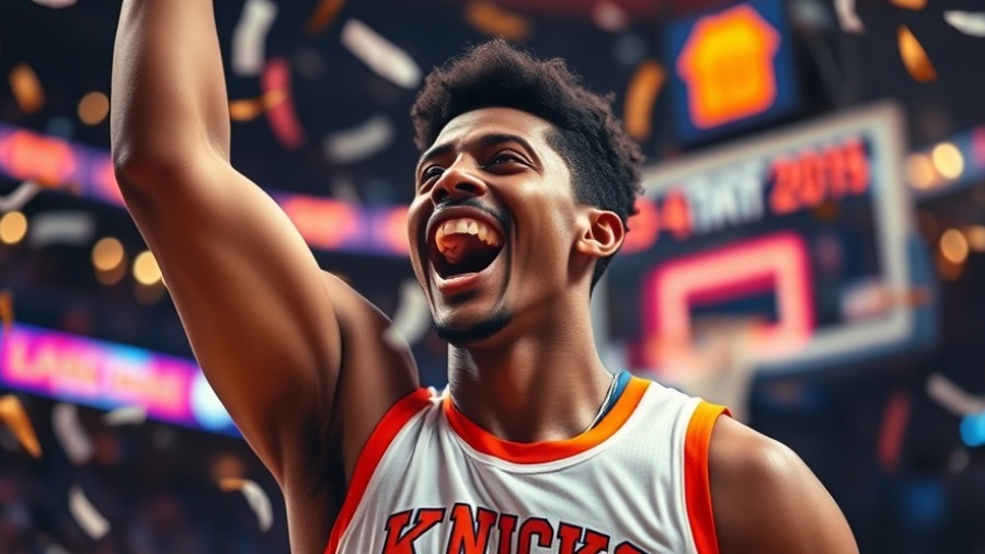 Excited Knicks player celebrating amidst confetti, showcasing Jaylen Brunson's performance.