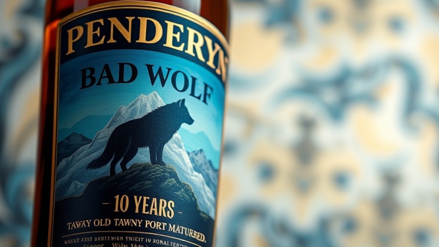Close-up of Penderyn Bad Wolf Whisky bottle showcasing Welsh single malt heritage.