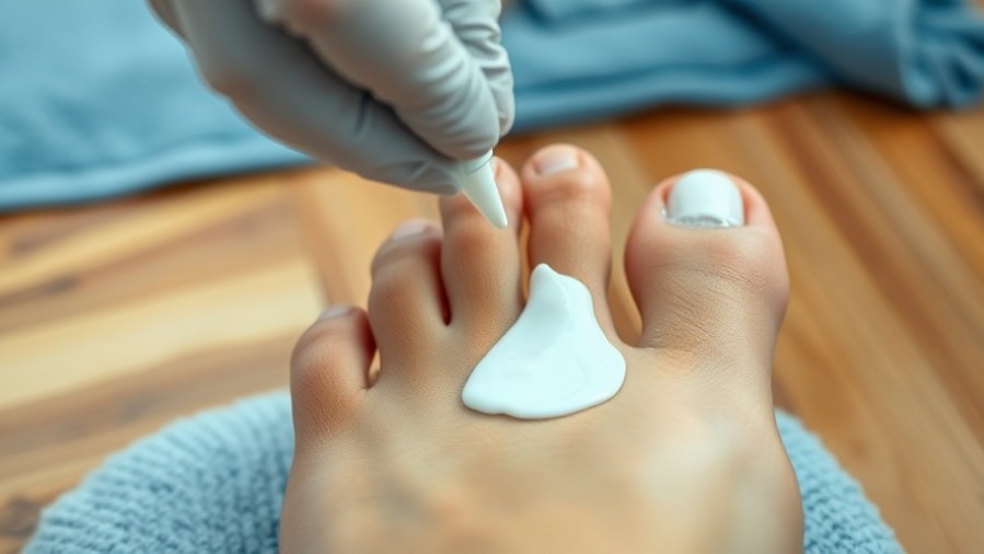 Treatment of nail fungus with cream application on a toenail for effective care.