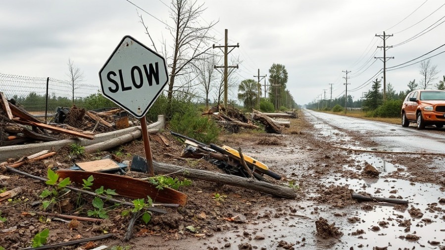 Aftermath of Texas floods July 4 in Kerrville, showing debris on a muddy roadside.