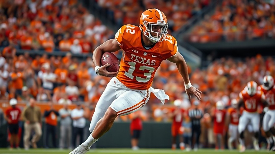 Dynamic Texas Longhorns football preview with player in action, vibrant stadium scene.