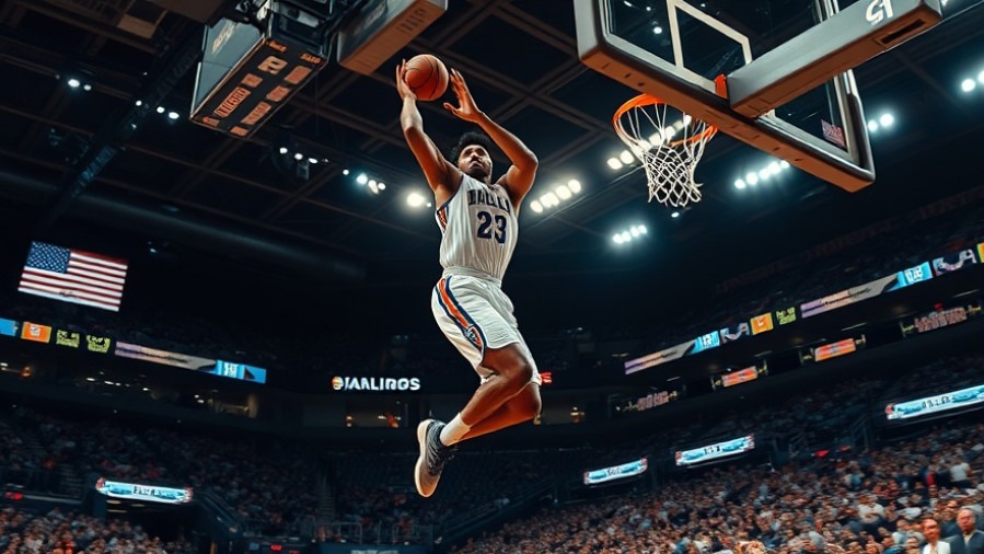 Dynamic basketball highlights of a player leaping for a dunk in a vibrant arena.