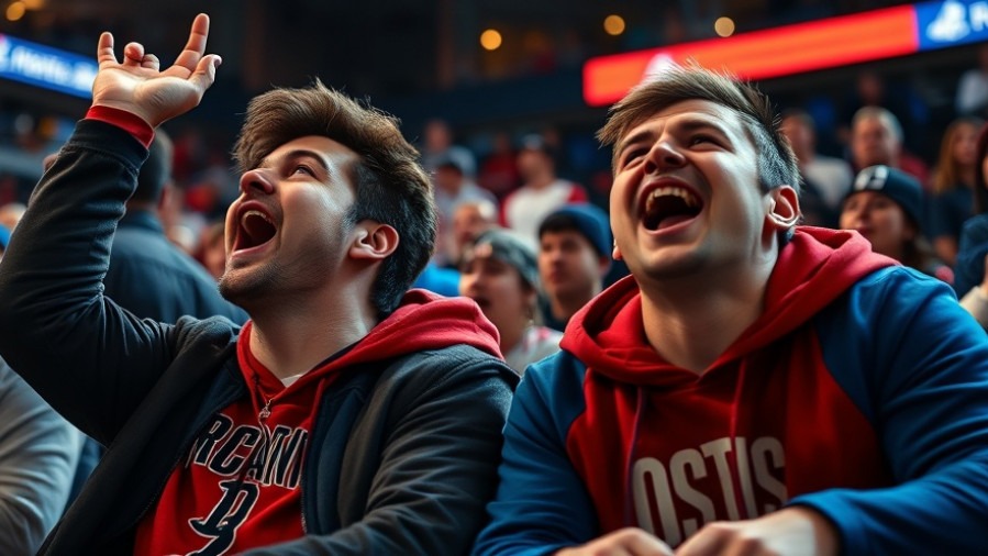 Excited basketball fans celebrating NBA highlights in a vibrant arena setting.